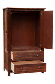 Angled view of the Ptarmigan Peak Reclaimed Barnwood Wardrobe with doors open to the hanging rod and drawers pulled out
