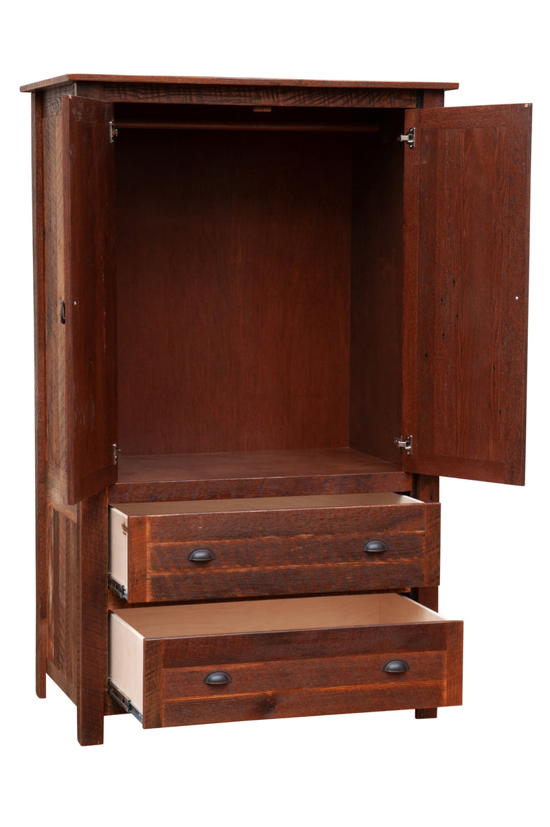 Angled view of the Ptarmigan Peak Reclaimed Barnwood Wardrobe with doors open to the hanging rod and drawers pulled out