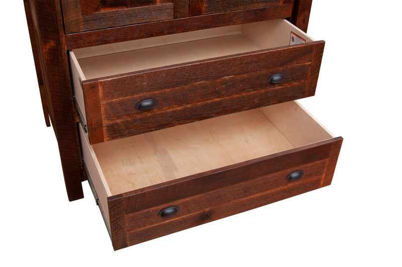 Close-up of the Ptarmigan Peak Reclaimed Barnwood Wardrobe dovetailed drawers pulled out