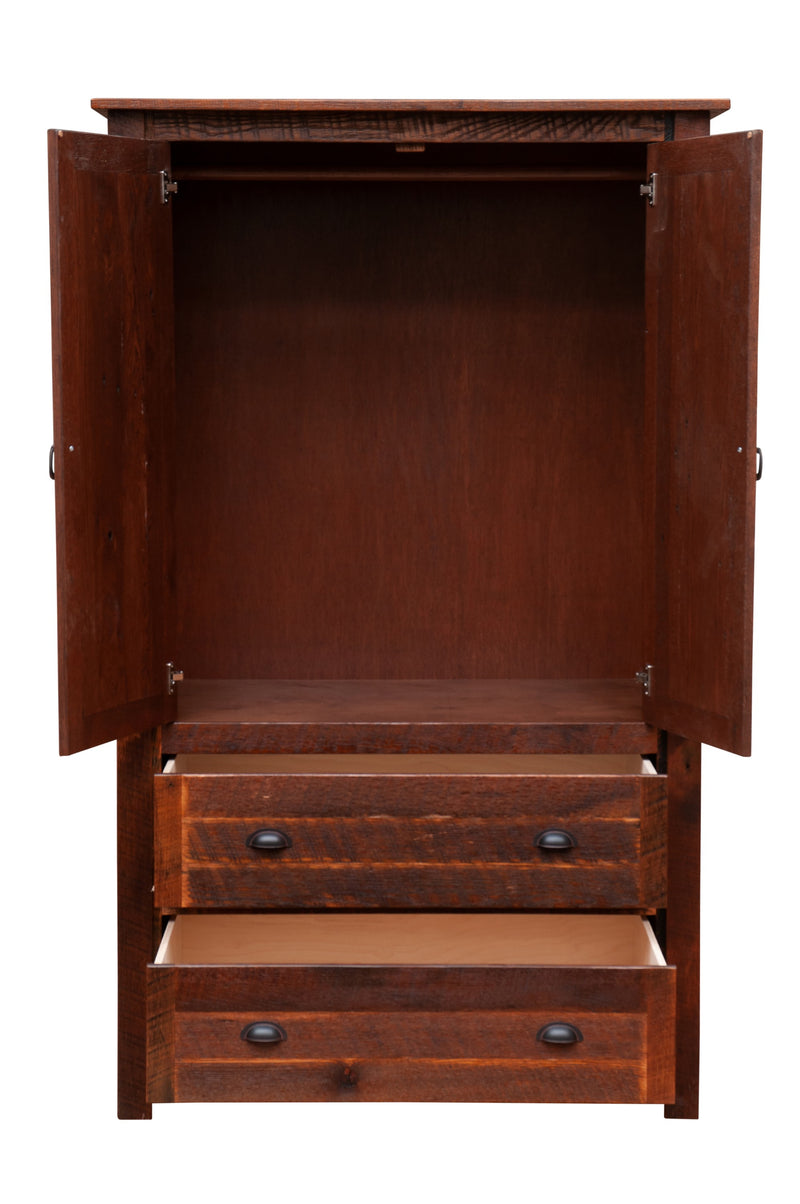 Front view of the Ptarmigan Peak Reclaimed Barnwood Wardrobe with doors open to show the hanging cabinet