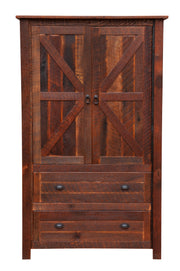 Front view of the Ptarmigan Peak Reclaimed Barnwood Wardrobe with reclaimed oak barn-door panels
