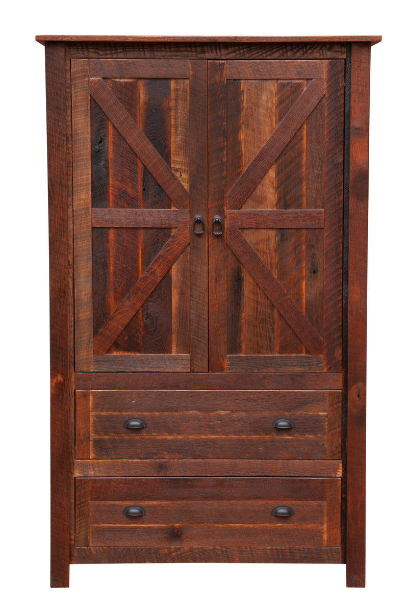 Front view of the Ptarmigan Peak Reclaimed Barnwood Wardrobe with reclaimed oak barn-door panels