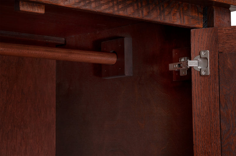 Close-up of the Ptarmigan Peak Reclaimed Barnwood Wardrobe hanging rod inside the cabinet