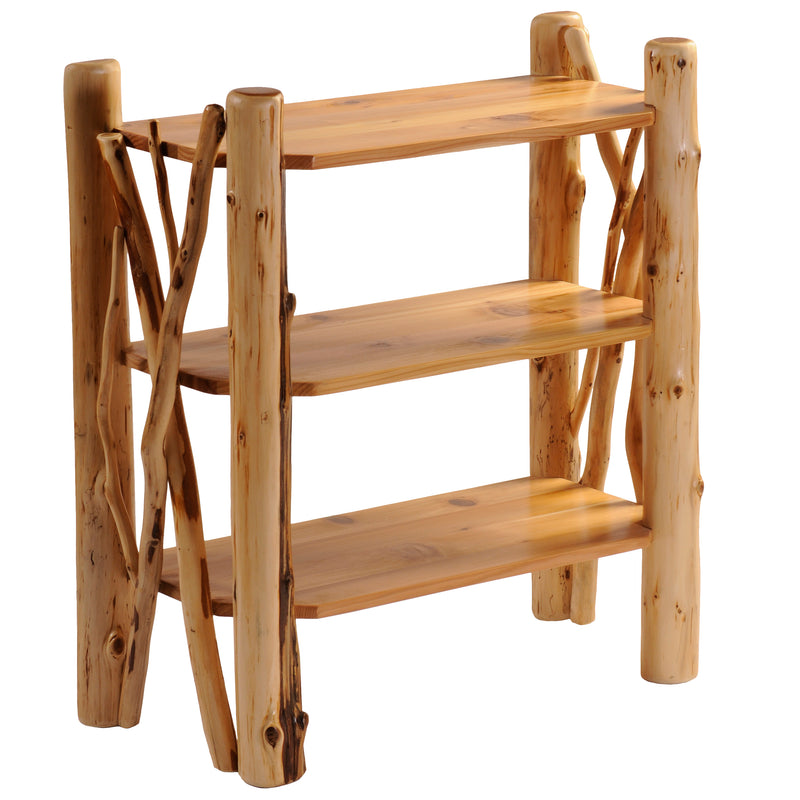 Angled view of the Purgatoire Peak Cedar Log Twig Bookshelf