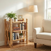 Purgatoire Peak Cedar Log Twig Bookshelf in a rustic cabin living room