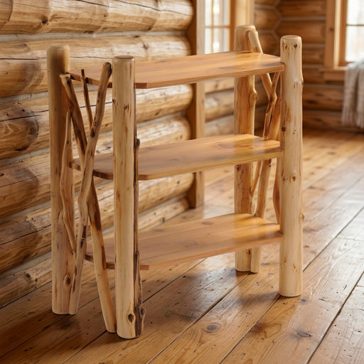 Purgatoire Peak Cedar Log Twig Bookshelf staged in a sunlit log cabin living room