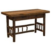 Angled view of the Purple Mountain Barnwood and Hickory Two Drawer Writing Desk with an Artisan Top