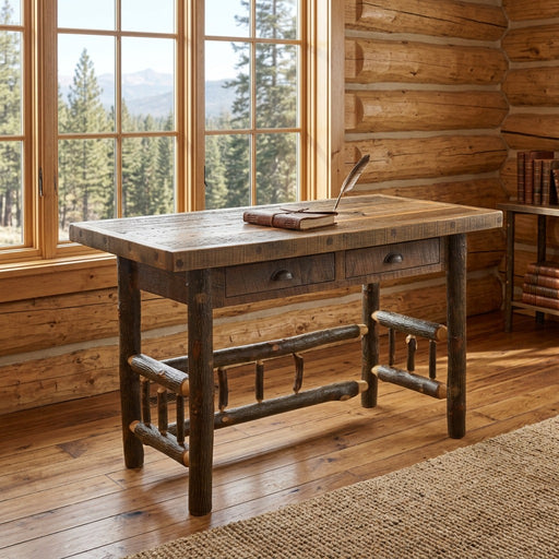 Purple Mountain Barnwood and Hickory Two Drawer Writing Desk staged in a sunlit log cabin home office