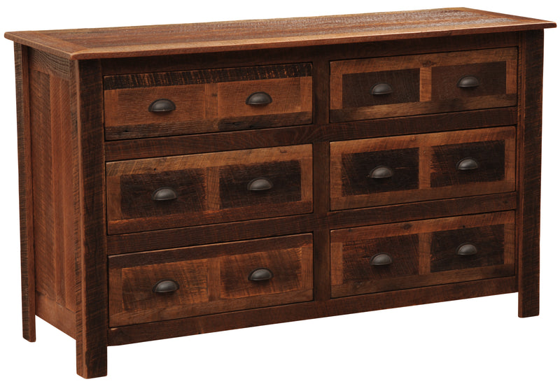 Angled view of the Pyramid Peak Reclaimed Barnwood Dresser showing six drawers with dark cup pulls