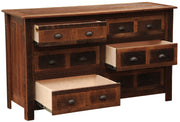 Angled view of the Pyramid Peak Reclaimed Barnwood Dresser with three drawers open to show the dovetailed drawer boxes