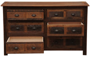 Front view of the Pyramid Peak Reclaimed Barnwood Dresser with two drawers pulled out on soft-close glides