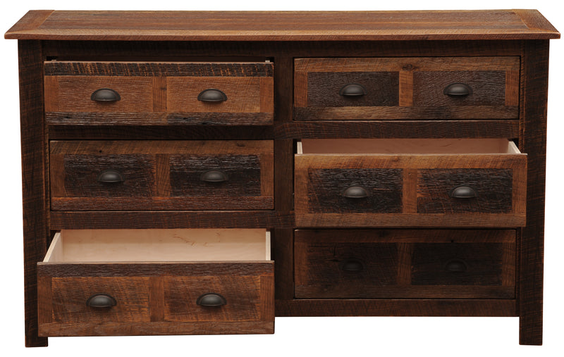 Front view of the Pyramid Peak Reclaimed Barnwood Dresser with two drawers pulled out on soft-close glides