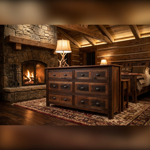 Pyramid Peak Reclaimed Barnwood Dresser beside a stone fireplace under timber beams in a lamp-lit lodge bedroom