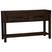 Angled view of the Quail Mountain Solid Hickory Two Drawer Console Table