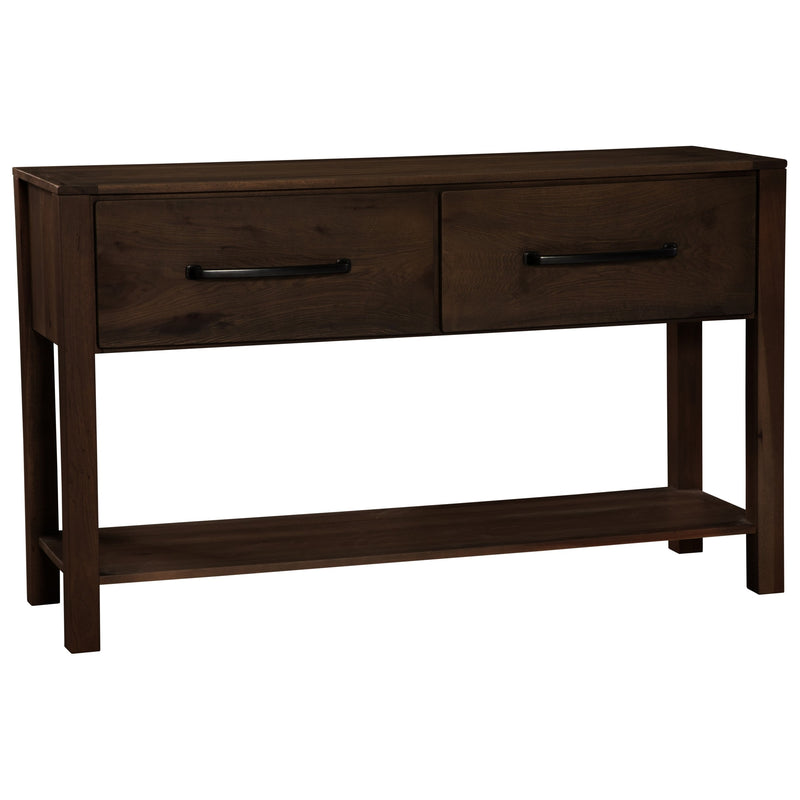 Angled view of the Quail Mountain Solid Hickory Two Drawer Console Table