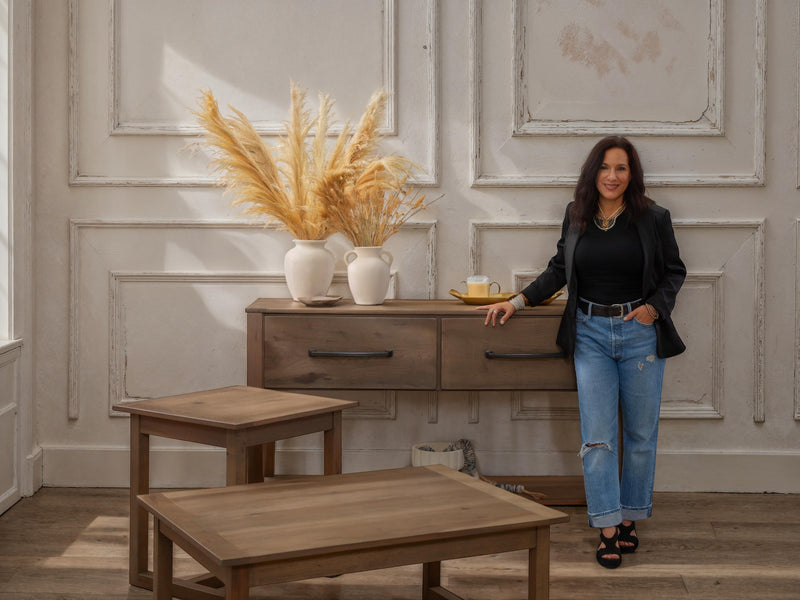 Quail Mountain Solid Hickory Two Drawer Console Table shown with the matching coffee table and end table in a living room