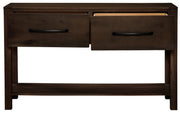 Front view of the Quail Mountain Solid Hickory Two Drawer Console Table with a drawer open