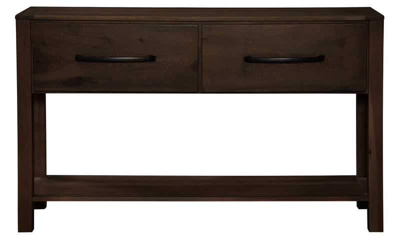 Front view of the Quail Mountain Solid Hickory Two Drawer Console Table