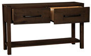 Quail Mountain Solid Hickory Two Drawer Console Table with a drawer open
