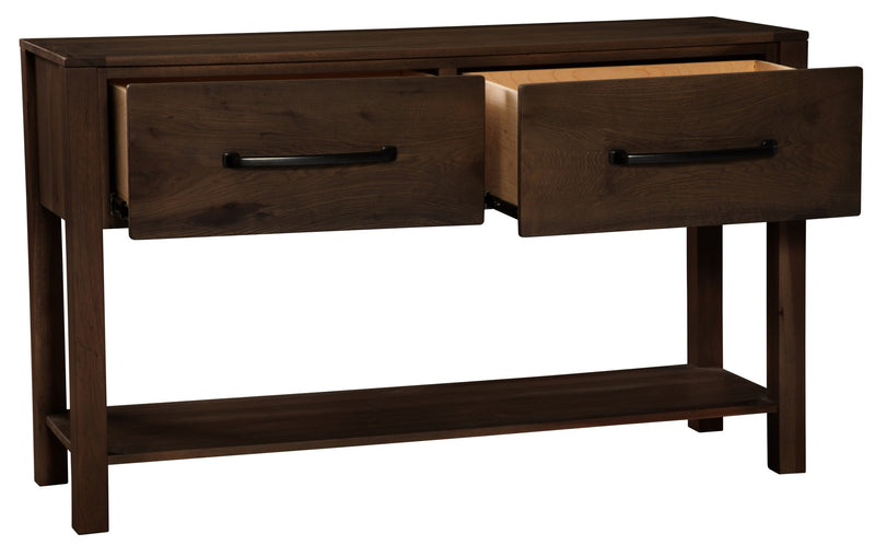 Quail Mountain Solid Hickory Two Drawer Console Table with a drawer open