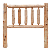 Front view of the Quandary Peak Cedar Log Headboard showing hand-peeled cedar log spindles, rails, and posts