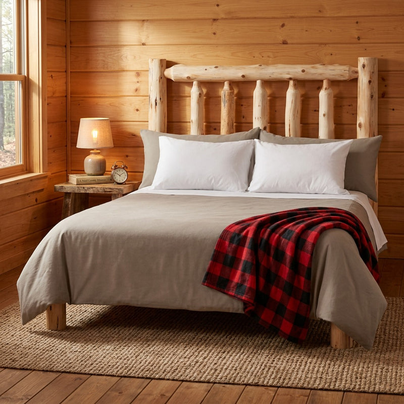 Quandary Peak Cedar Log Headboard in a pine-paneled log cabin bedroom with a red plaid throw, lamp nightstand, and woven rug