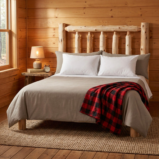 Quandary Peak Cedar Log Headboard in a pine-paneled log cabin bedroom with a red plaid throw, lamp nightstand, and woven rug