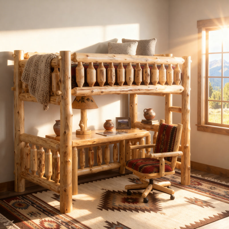 Rabbit Ears Cedar Log Loft Bed with a desk and chair below in a sunlit cabin bedroom with a southwestern rug