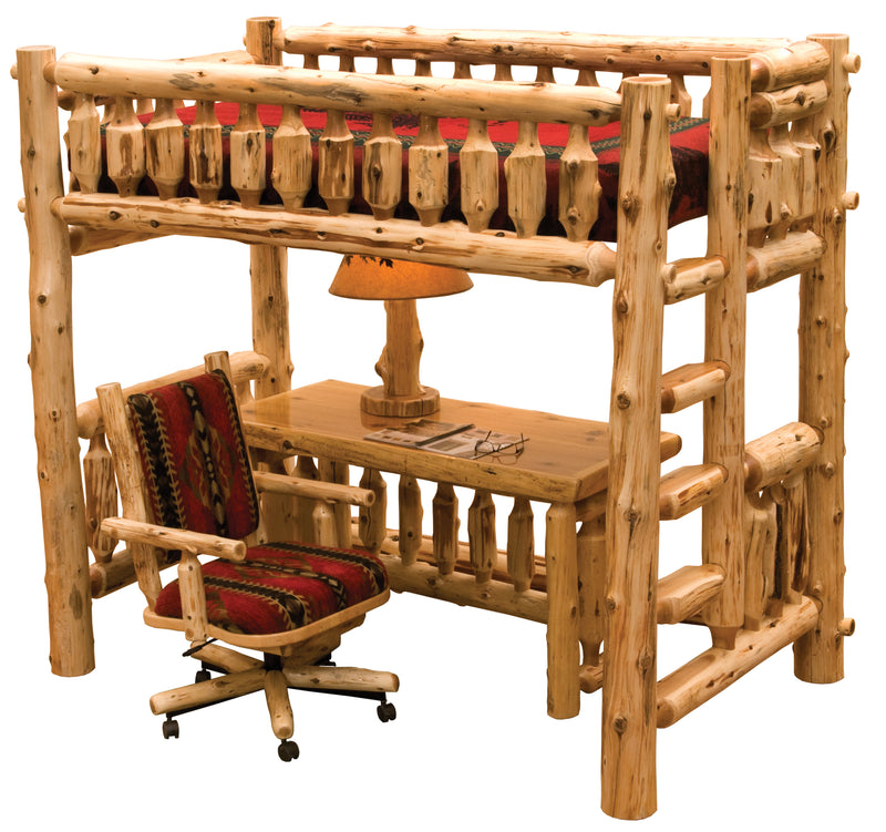 Rabbit Ears Cedar Log Loft Bed shown with a log desk and upholstered chair underneath and the ladder on the left