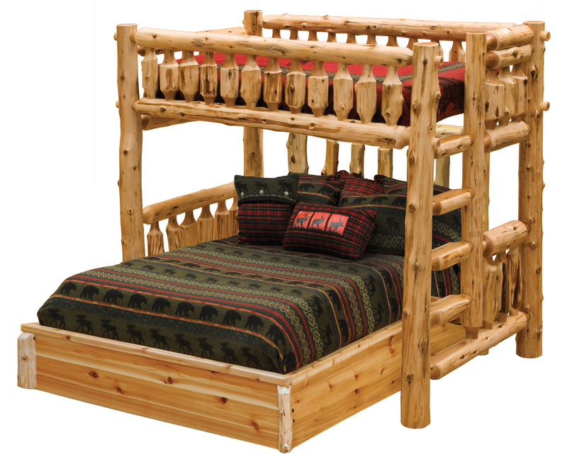 Rabbit Ears Cedar Log Loft Bed shown over a separate lower log bed with plaid bedding for bunkhouse-style sleeping