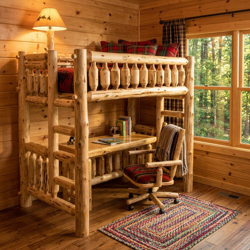Rabbit Ears Cedar Log Loft Bed staged over a desk in a knotty pine cabin bedroom with a braided rug and forest window