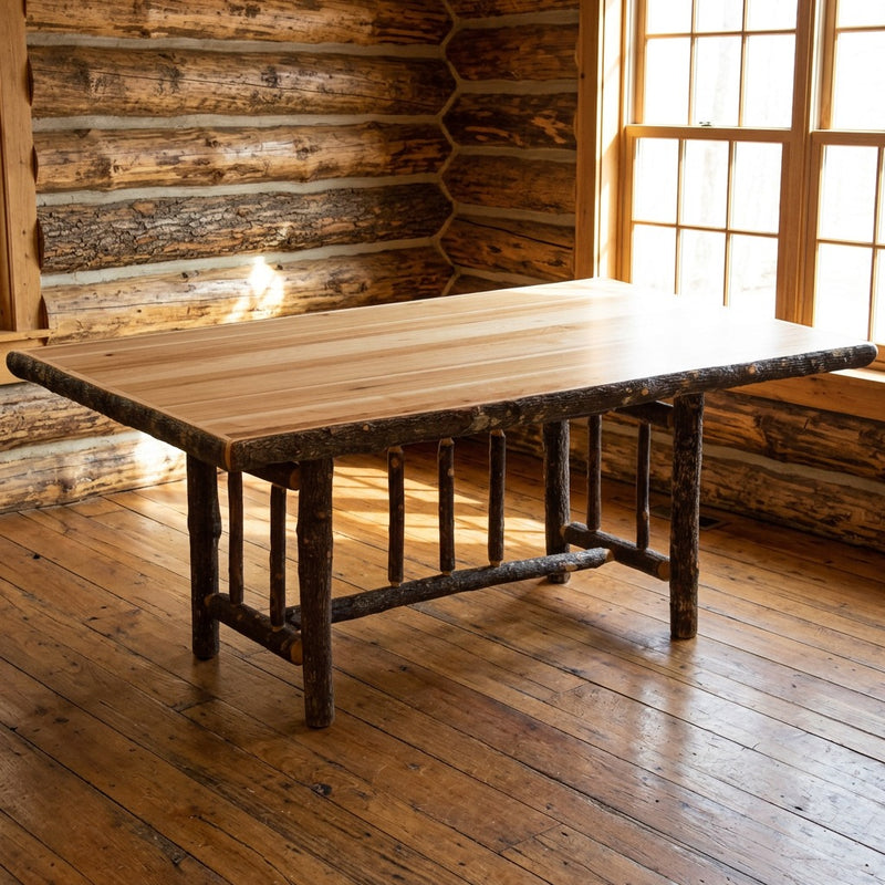 Raleigh Peak Hickory Log Rectangle Dining Table staged in a sunlit log cabin dining room