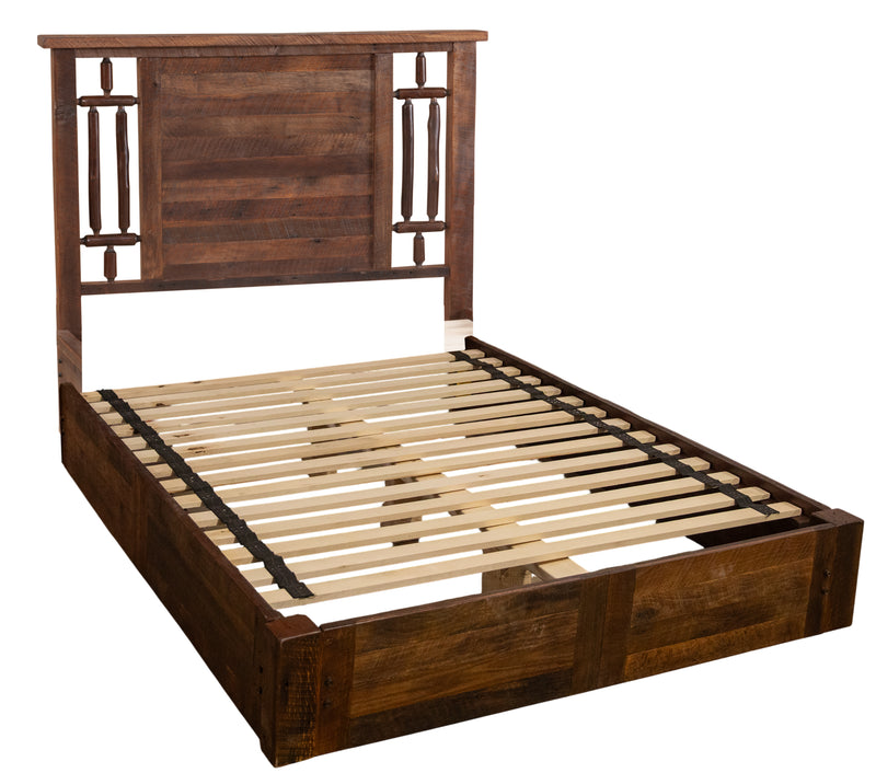 Angled view of the Rams Horn Mountain Barnwood and Hickory Windowpane Platform Bed