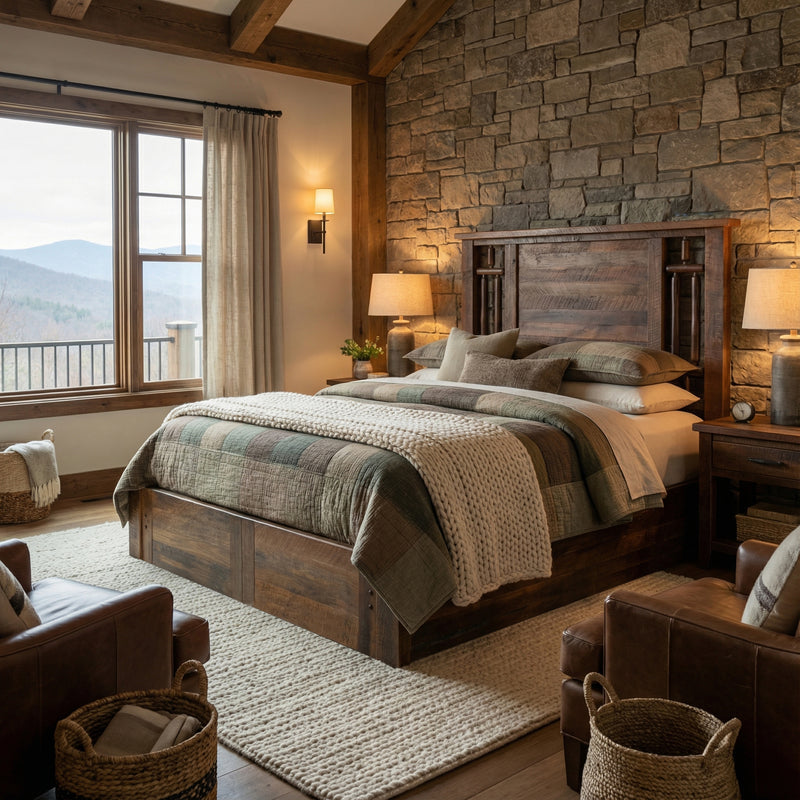 Rams Horn Mountain Barnwood and Hickory Windowpane Platform Bed in a stone-walled mountain bedroom