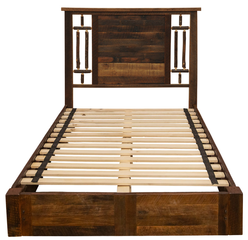 Front view of the Rams Horn Mountain Barnwood and Hickory Windowpane Platform Bed