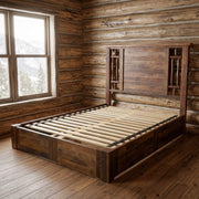 Rams Horn Mountain Barnwood and Hickory Windowpane Platform Bed staged in a sunlit log cabin bedroom
