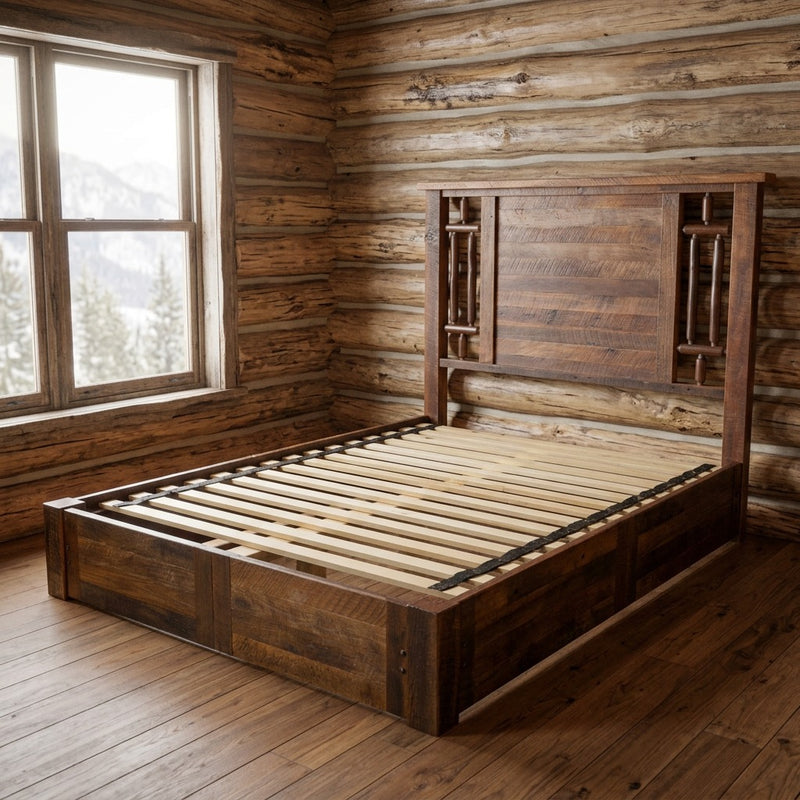 Rams Horn Mountain Barnwood and Hickory Windowpane Platform Bed staged in a sunlit log cabin bedroom