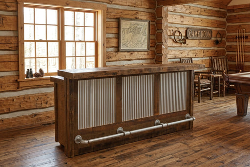 Red Cone Reclaimed Barnwood and Corrugated Steel Bar staged in a sunlit log cabin game room