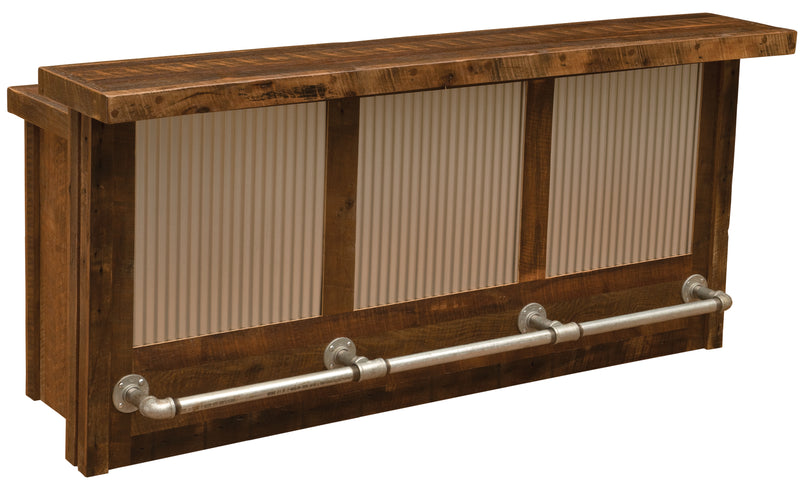 Front view of the Red Cone Reclaimed Barnwood and Corrugated Steel Bar showing the corrugated steel panels
