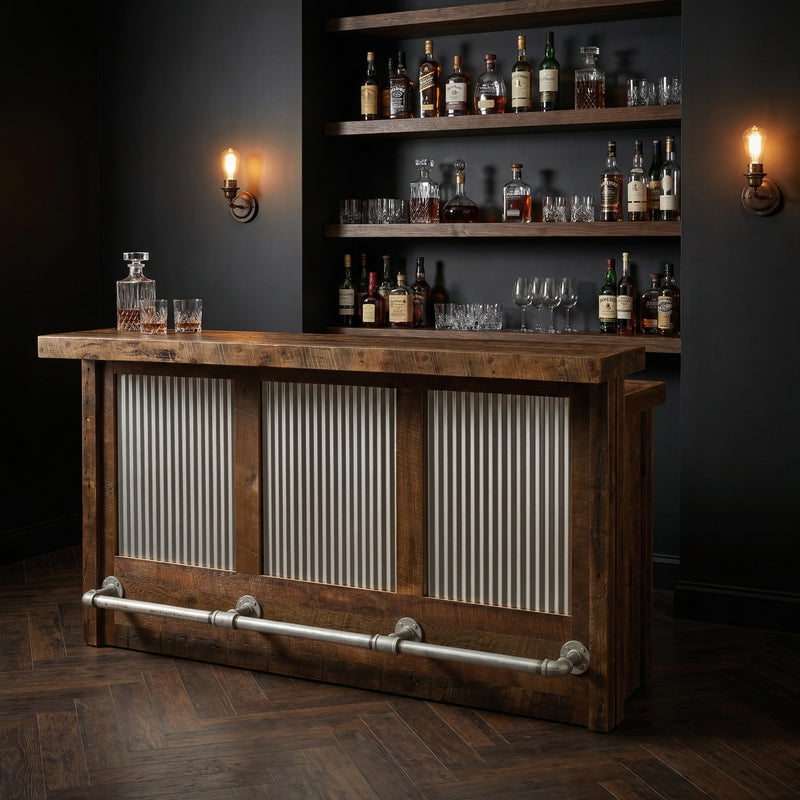 Red Cone Reclaimed Barnwood and Corrugated Steel Bar with an Artisan Top in a bright cabin game room