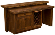 Server side of the Red Cone Reclaimed Barnwood and Corrugated Steel Bar showing the wine rack and refrigerator opening