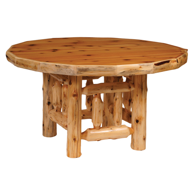 Angled view of the Red Mountain Cedar Log Round Dining Table showing the round top and log base