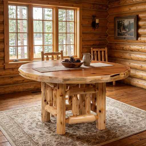 Red Mountain Cedar Log Round Dining Table staged in a sunlit log cabin dining room