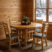 Red Mountain Cedar Log Round Dining Table with chairs in a bright cabin kitchen