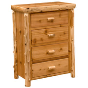 Angled view of the Redcloud Peak Cedar Log Four Drawer Chest showing four drawers with cedar log pulls