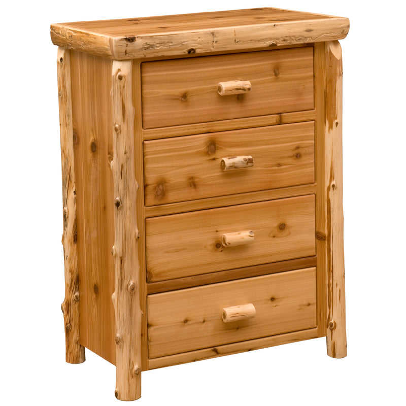 Angled view of the Redcloud Peak Cedar Log Four Drawer Chest showing four drawers with cedar log pulls