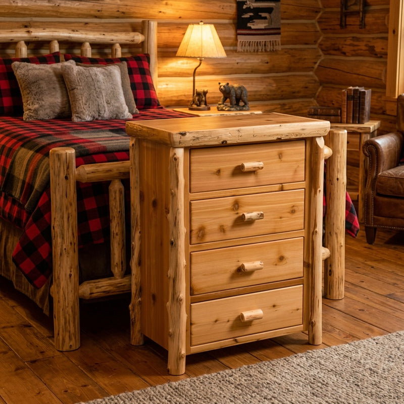 Redcloud Peak Cedar Log Four Drawer Chest staged in a log cabin bedroom beside a red plaid log bed