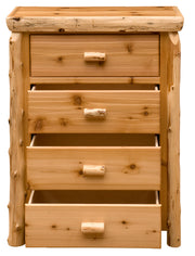 Front view of the Redcloud Peak Cedar Log Four Drawer Chest with drawers pulled out on soft-close glides