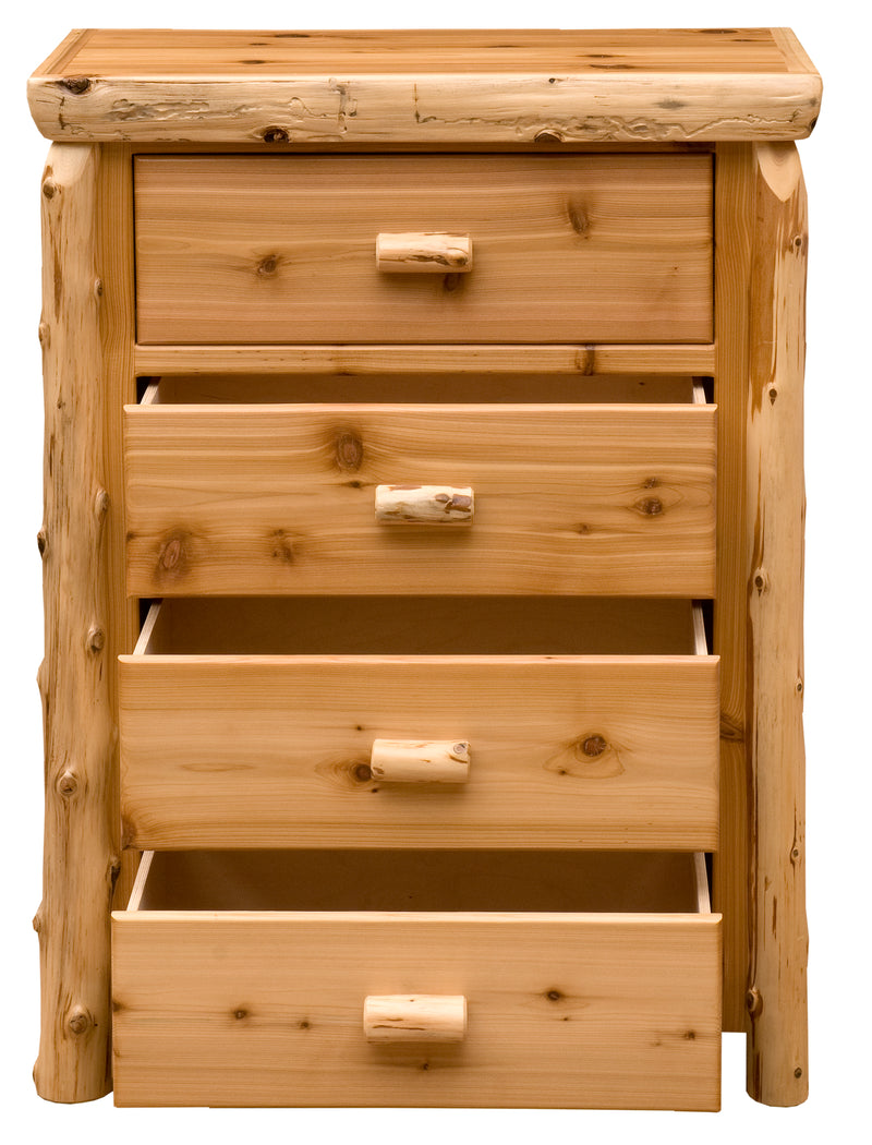 Front view of the Redcloud Peak Cedar Log Four Drawer Chest with drawers pulled out on soft-close glides