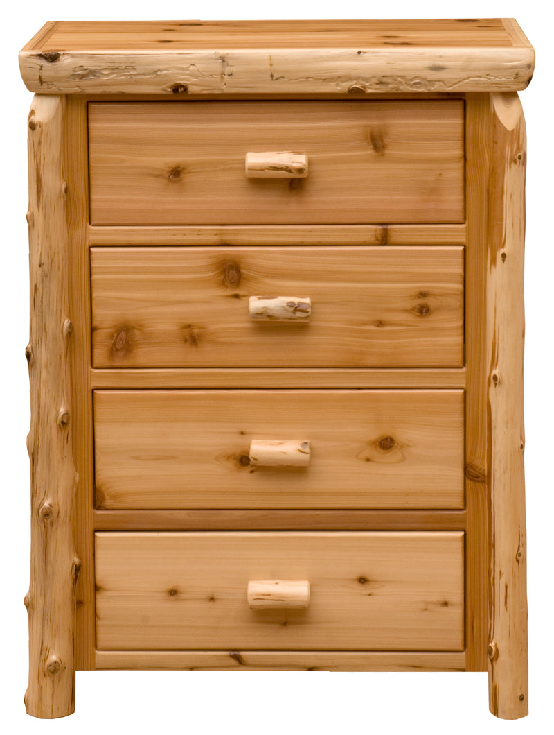 Front view of the Redcloud Peak Cedar Log Four Drawer Chest with four stacked drawers